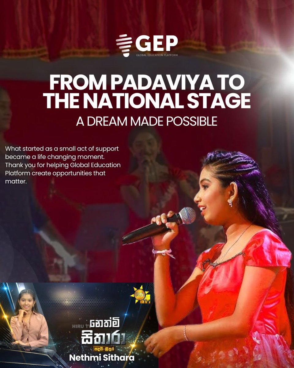 GEP360's tweet photo. 2 Years ago, Global Education Platform, with the support of our partners and well-wishers, initiated a CSR effort in Padaviya to give underprivileged children a chance to showcase their talents and believe in their potential.

Among them was Nethmi Sithara, a young girl with a beautiful voice and a dream worth believing in.

Today, she stands on a national stage, performing live on Hirustar.

Because of you, children in Padaviya now have the tools and resources they need to embrace a brighter future. Whether it was a school pack, a scholarship, or simply spreading the word about our cause, your support has created ripples of hope and change.

This journey would not have been possible without compassionate individuals like you. Together, Global Education Platform and its partners are lighting the path for these incredible children and showing them that their potential knows no bounds.

Thank you for being part of this beautiful mission.  #padaviya #hirustar