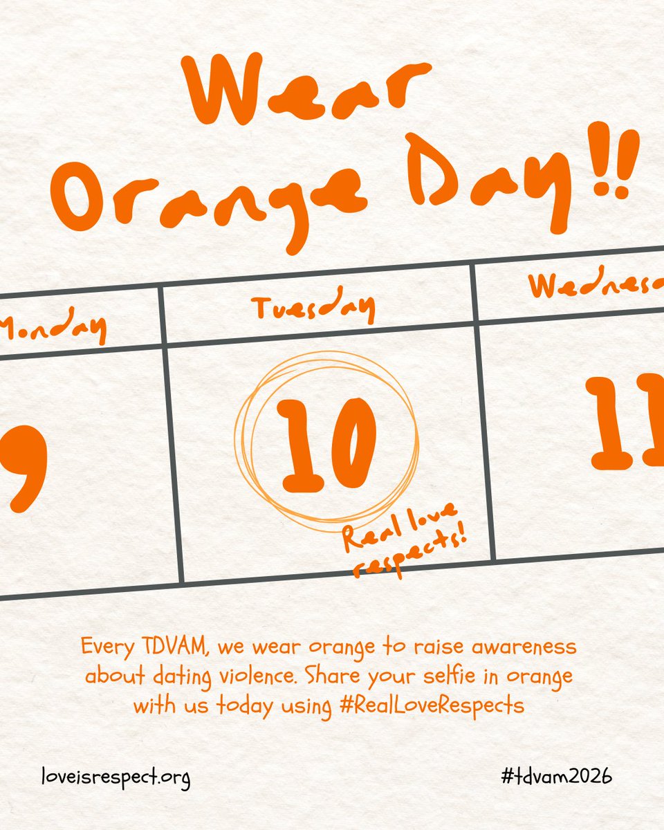 Next week, we'll be celebrating Respect Week with <a href="/loveisrespect/">love is respect</a> to raise awareness about Teen Dating Violence. Check in on our socials to follow along, &amp; make sure to post a pic in your "orange-est" outfit &amp; tag us on #wearorangeday, Tuesday 2/10!
#RealLoveRespects #TDVAM2026