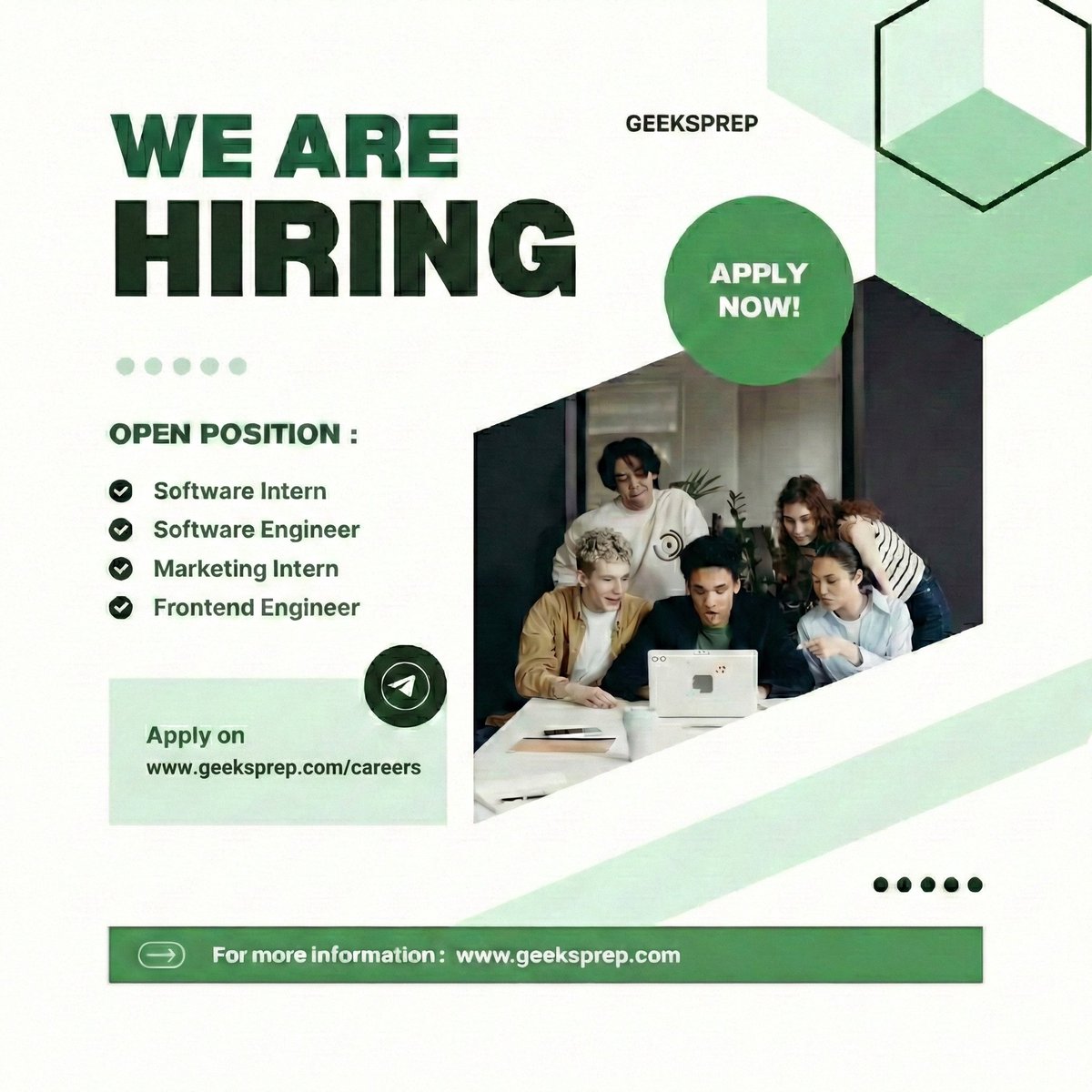 GeeksPrep's tweet photo. 🚀 We're hiring Software Engineers at Geeksprep (100% Remote)
Open roles:
✅ Software Engineering Intern (6-month | Remote)
✅ Software Engineer (Remote)
✅ Marketing Intern (Remote)
✅ Frontend Engineer (Remote)

Work on real products, real users, real impact — from anywhere https://t.co/EaeNOvHU1d
