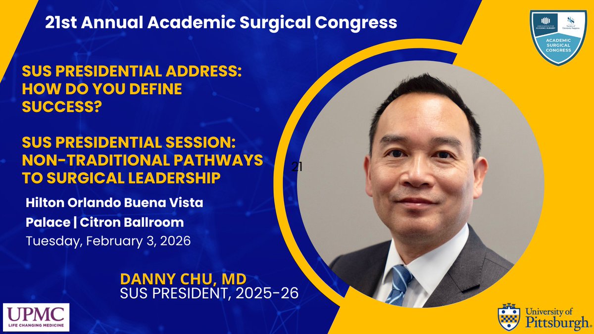 UPMC_CTSurgery's tweet photo. Dr. Danny Chu, President of the Society of University of Surgeons (2025-26) delivers the Presidential Address and moderates the SUS Presidential Session at the 21st Annual Academic Surgical Congress in Orlando, FL
@UnivSurg @AcademicSurgery @HviUpmc #ASC2026 https://t.co/vwCbyKgVA7