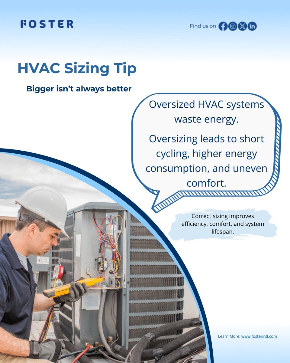 Oversized HVAC systems waste energy and reduce comfort. 

Proper system sizing ensures efficiency, longevity, and occupant satisfaction.

#SustainableFacilities #EnergyManagement #SmartBuildingDesign #FosterIntl