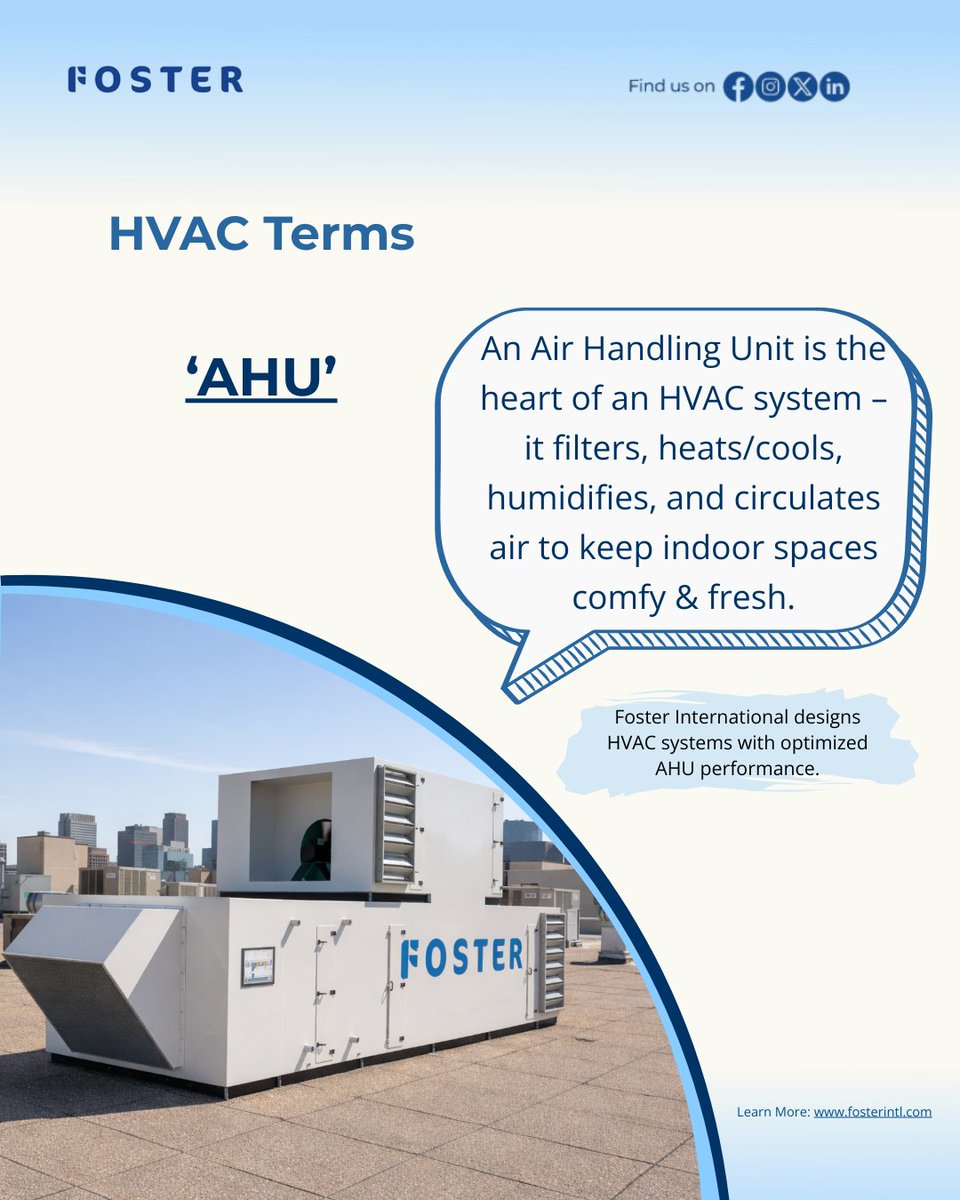 The Air Handling Unit is the heart of an HVAC system, delivering clean, conditioned air.

#AirQualityControl #FacilitySolutions #HVACBasics #FosterIntl