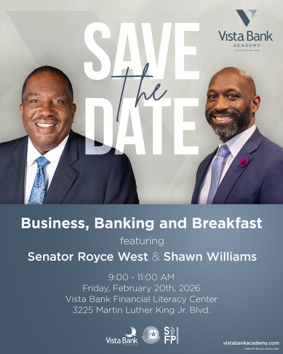 Save the date! This month’s Business, Banking, and Breakfast honors Black History Month with a powerful fireside chat featuring Texas State Senator Royce West and moderator Shawn Williams, founder of Dallas Weekly and a longtime voice for civic engagement. Join us as we highlight