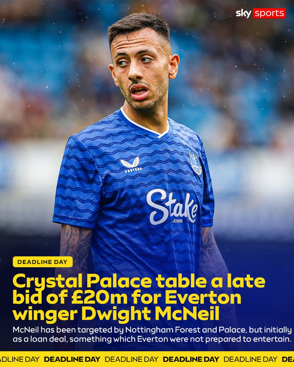 SkySportsPL's tweet photo. Crystal Palace have tabled a very late bid of £20m for Everton winger Dwight McNeil 🚨 https://t.co/2Wg2aOLzq5