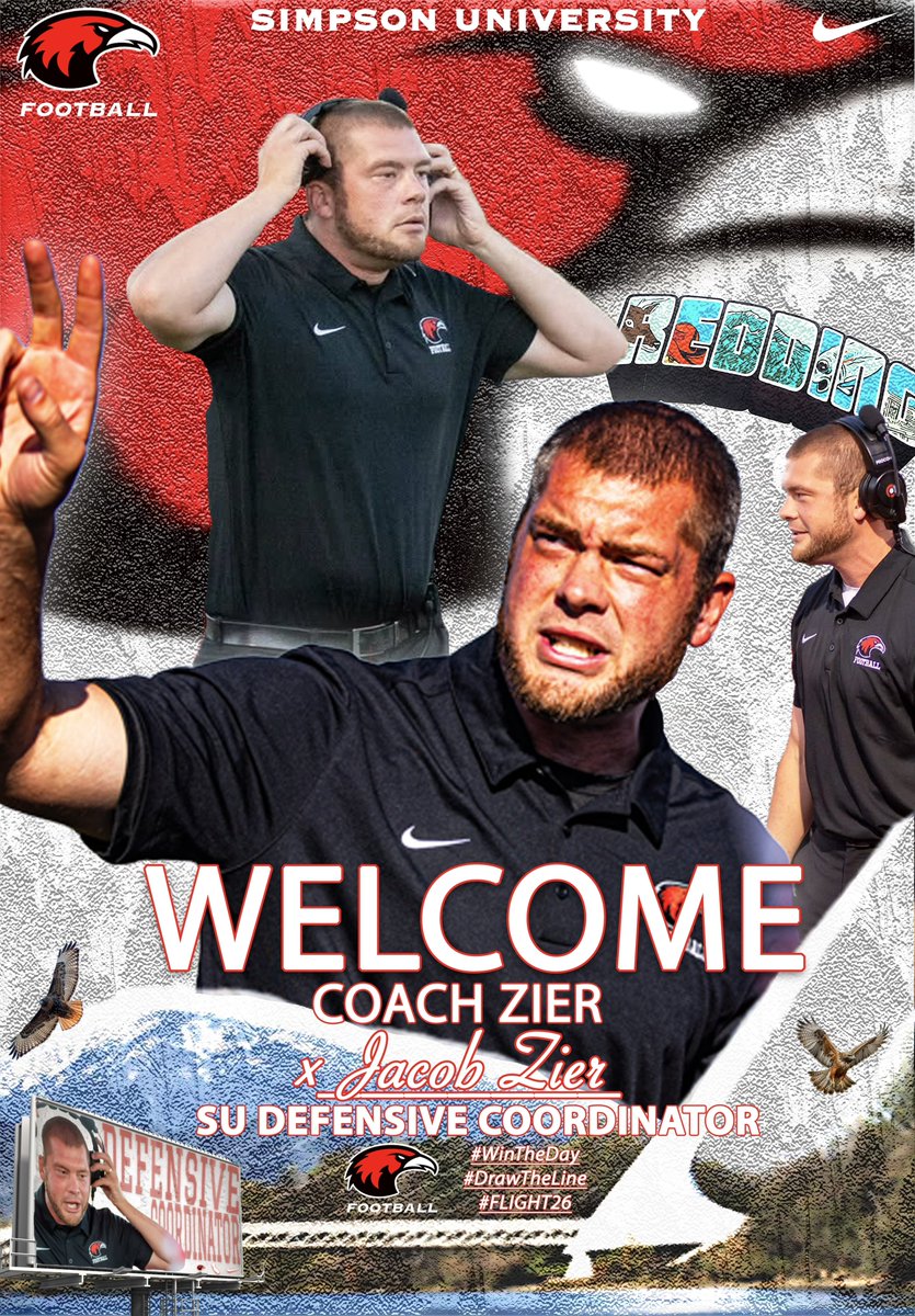 The Defensive Coordinator of the Simpson University Red Hawks Football Program, please welcome back Coach Jacob Zier! 🏈 <a href="/JacobZier/">Coach Zier</a> 

A True NW Pacific &amp; West Coast Guy! 🌴

 The 2nd Defensive Coordinator in School History! ✍️

#WinTheDay | #DrawTheLine | #FLIGHT26🪽
