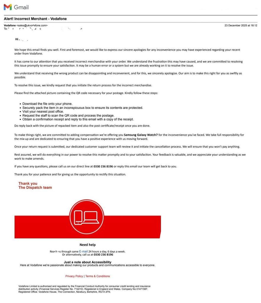 aryan58725's tweet photo. ⚠️This is the actual scam email I received pretending to be a Vodafone/Carphone Warehouse offer.This led to SIM swap fraud, identity misuse &amp; financial loss.🚨
Scammer Details:
1. Ph1:+443302368196
2. Ph2:+443302369861
3. Whtapp:+447537181654
4. Email iD:sales@ukvodafone.com https://t.co/quSPabxzfc