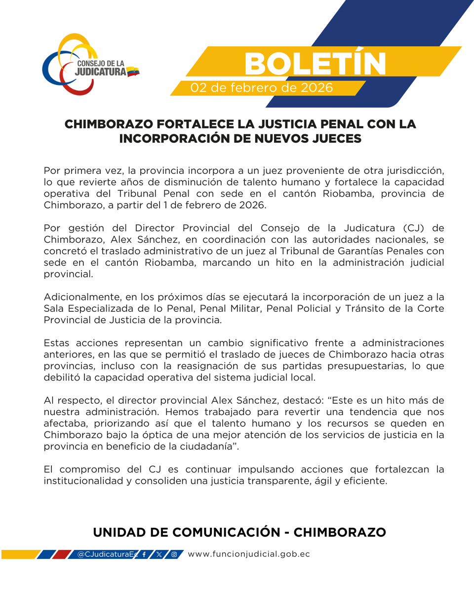 📰 | #BoletínOficial  
 
Chimborazo fortalece la justicia penal con la incorporación de nuevos jueces⤵️