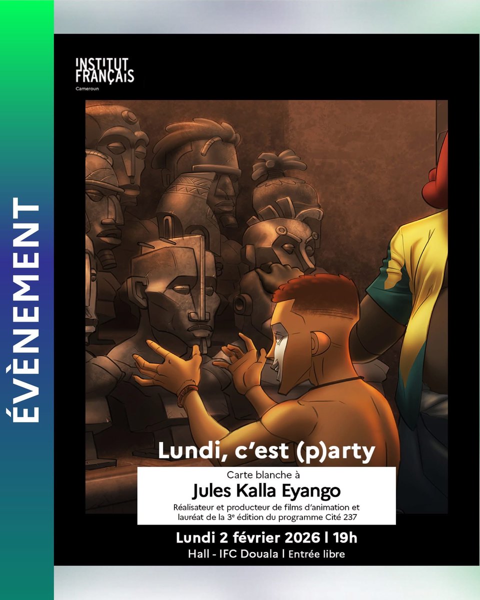 On fait quoi cette semaine à l’IFC Douala ?

🟢 Rencontre - " Lundi, c'est (p)arty" carte blanche à Jules à Kalla Eyango

1/2