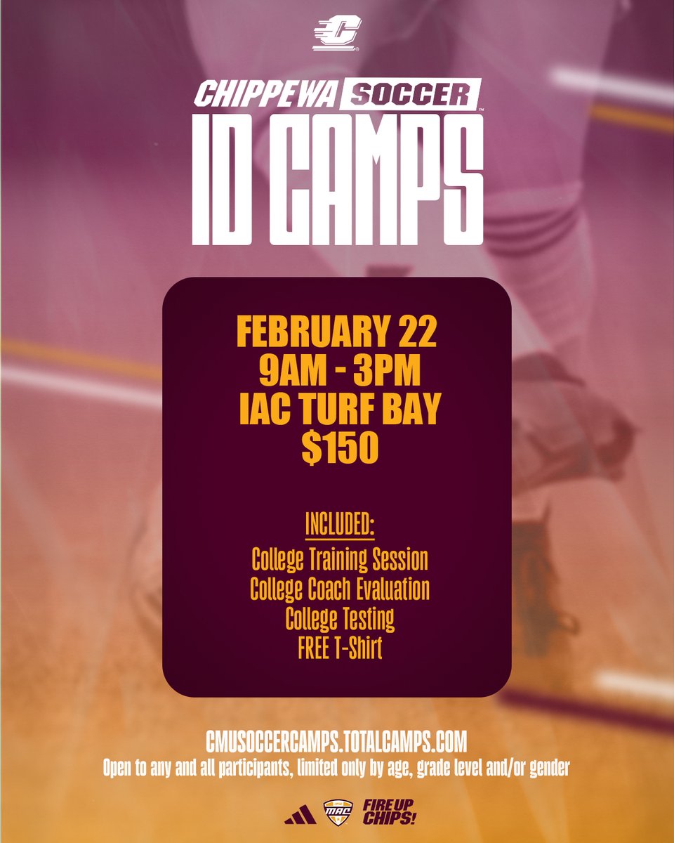 There's still space available for this month's ID Camp!

Claim your spot at CMUSoccerCamps.TotalCamps.com!

#FireUpChips🔥⬆️⚽