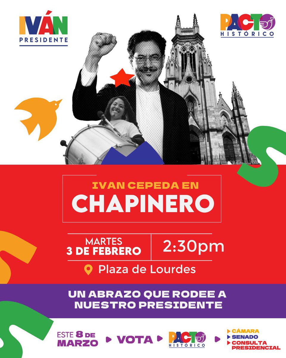 ¡Ivan en Chapinero! 

Les esperamos mañana en Lourdes, para rodear con 🤝 respaldo ciudadano y ✊ compromiso democrático a Iván Cepeda, candidato presidencial 🇨🇴, y para enviar un 📣 mensaje claro de acompañamiento y apoyo al presidente de la República, Gustavo Petro, y al