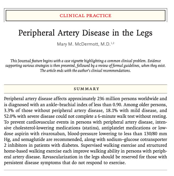 MemodiApp's tweet image. Enfermedad arterial periférica, hoy en New England Journal of Medicine (2026). Puntos clave:

🔴 No esperes siempre la "claudicación clásica" (90% de los pacientes son asintomáticos o atípicos). El estándar diagnóstico es un Índice Tobillo-Brazo (ITB) &amp;lt; 0.90. Diabetes o ERC puede…