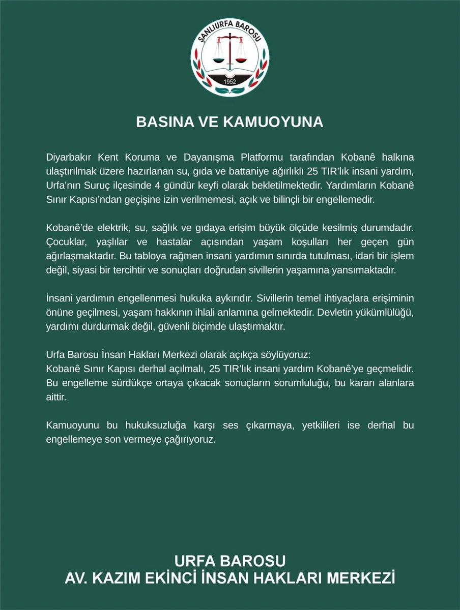 urfabarosuihm's tweet photo. Kobanê Sınır Kapısı derhal açılmalı, 25 TIR'lık insani yardım Kobanê'ye geçmelidir. Bu engelleme sürdükçe ortaya çıkacak sonuçların sorumluluğu, bu kararı alanlara aittir. Kamuoyunu bu hukuksuzluğa karşı ses çıkarmaya, yetkilileri ise derhal bu engellemeye son vermeye çağırıyoruz.