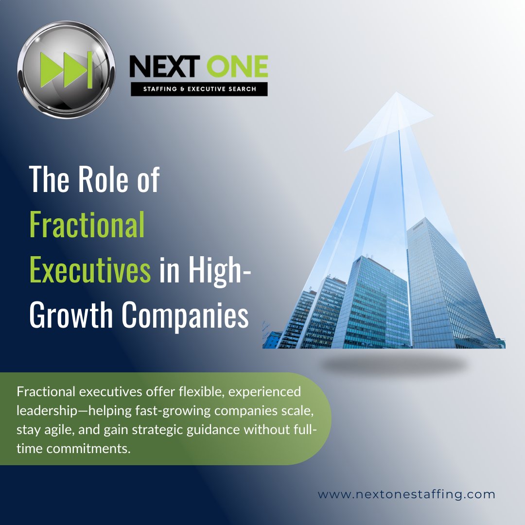 Fractional executives are helping high-growth companies scale smarter—bringing leadership expertise without long-term overhead.

#NextOneStaffing #ExecutiveSearch #ExecutiveHiring