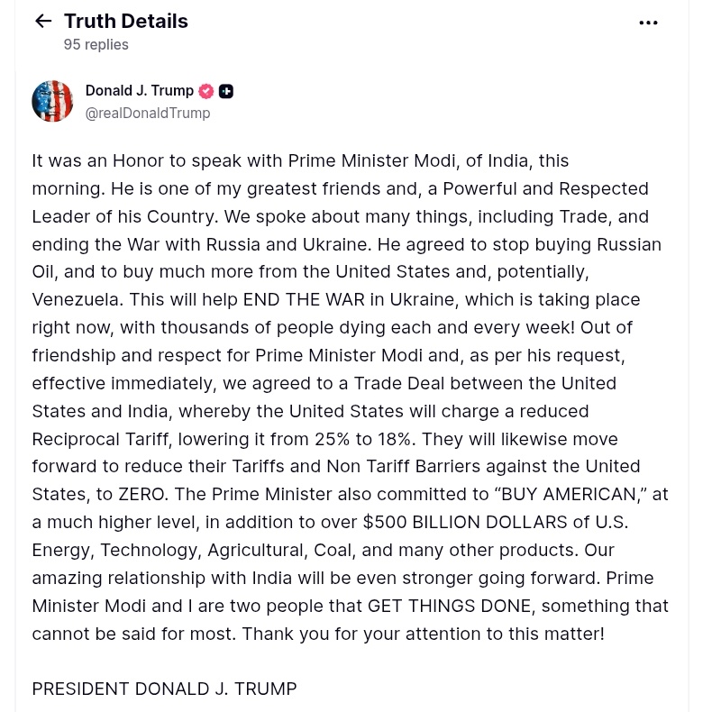 Rajbirrohilla's tweet image. अमेरिका ने टैरिफ 25% से घटाकर 18% किया।

कभी कभी चुप्पी भी असरदार होती है।

मोदीजी ने साबित कर दिया।

@narendramodi🇮🇳🇮🇳🙏
@realDonaldTrump
#TradeDeal #GIFTNIFTY #UGCAct
#NachendraModi
#RahulGandhi #Donandtrump