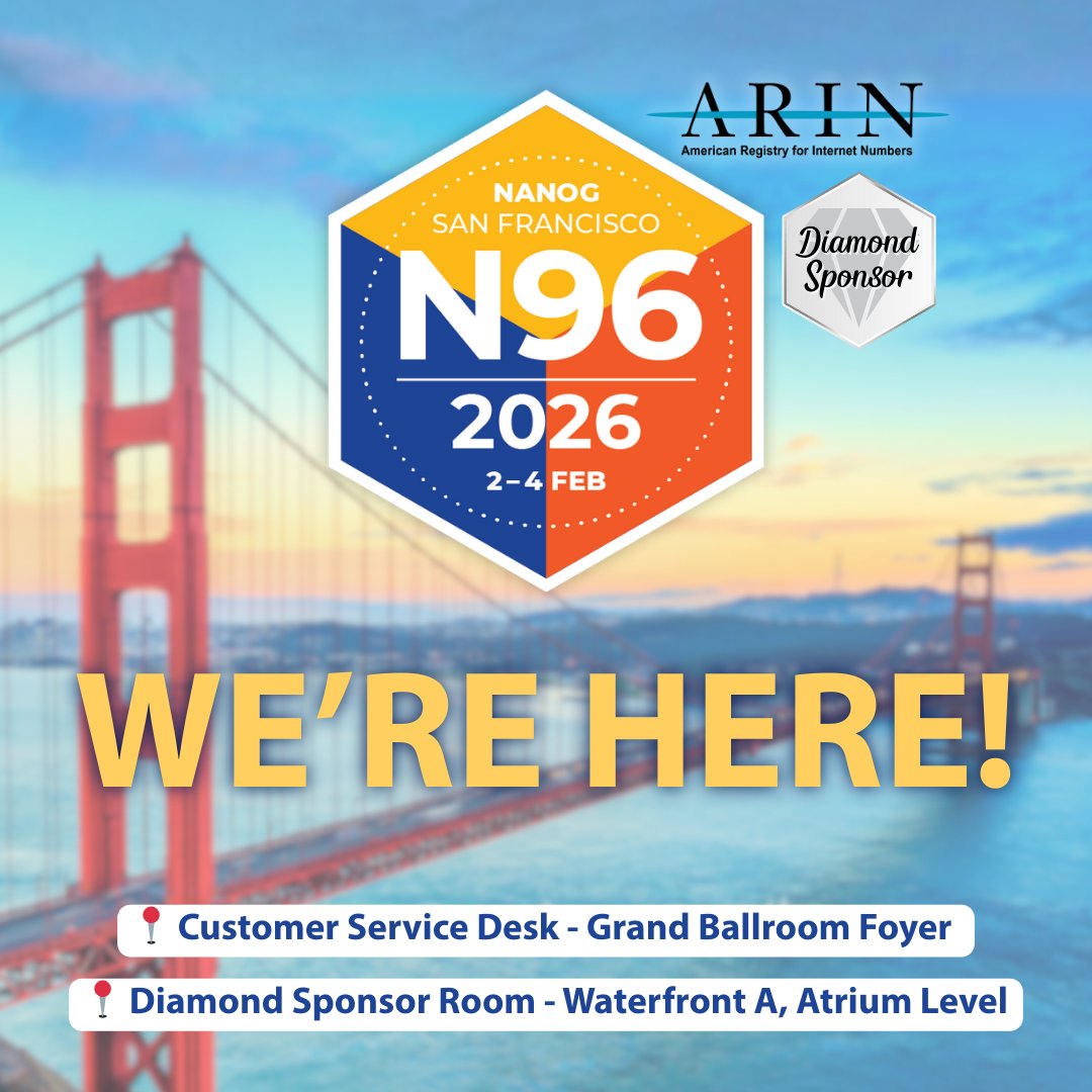TeamARIN's tweet photo. Day 1 of #NANOG96! ๐
The ARIN team is ready at:
๐ Customer Service Desk (Grand Ballroom Foyer)
๐ Diamond Sponsor Room (Waterfront A)
Stop by to discuss #IPv6, #RPKI, #RoutingSecurity, number resource management, policy development, and more!
#WeAreNANOG #NetworkOperators https://t.co/fzWDp2aAbu