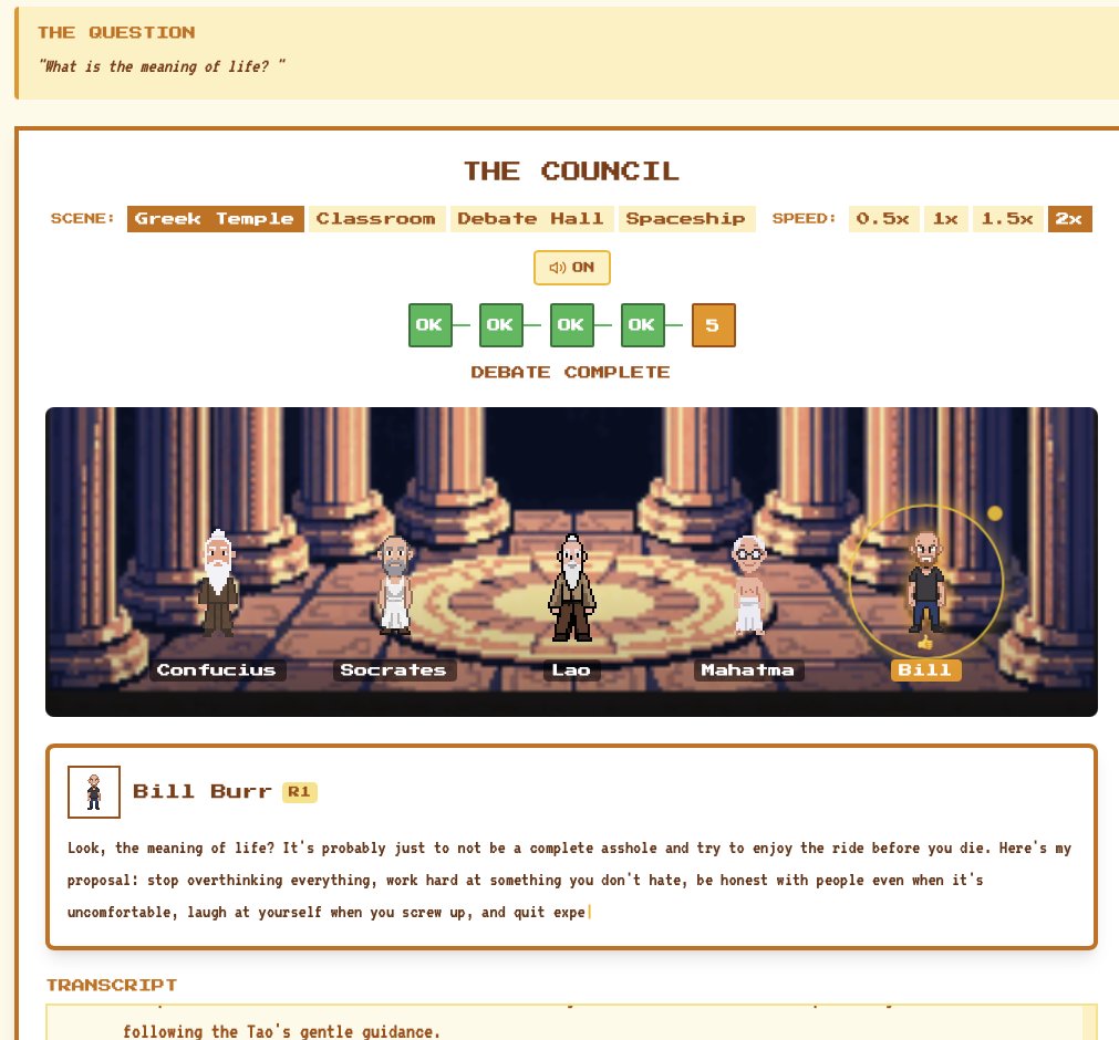 cjoh's tweet photo. Made this in a weekend with @PixelLabAI and @elevenlabs -- can easily summon councils of luminaries and historical figures, and then have them in an animated debate. Confucious, Lao, Socrates, Ghandi and Bill Burr debating the meaning of life? Let's do it. https://t.co/ifKR0RmrRJ