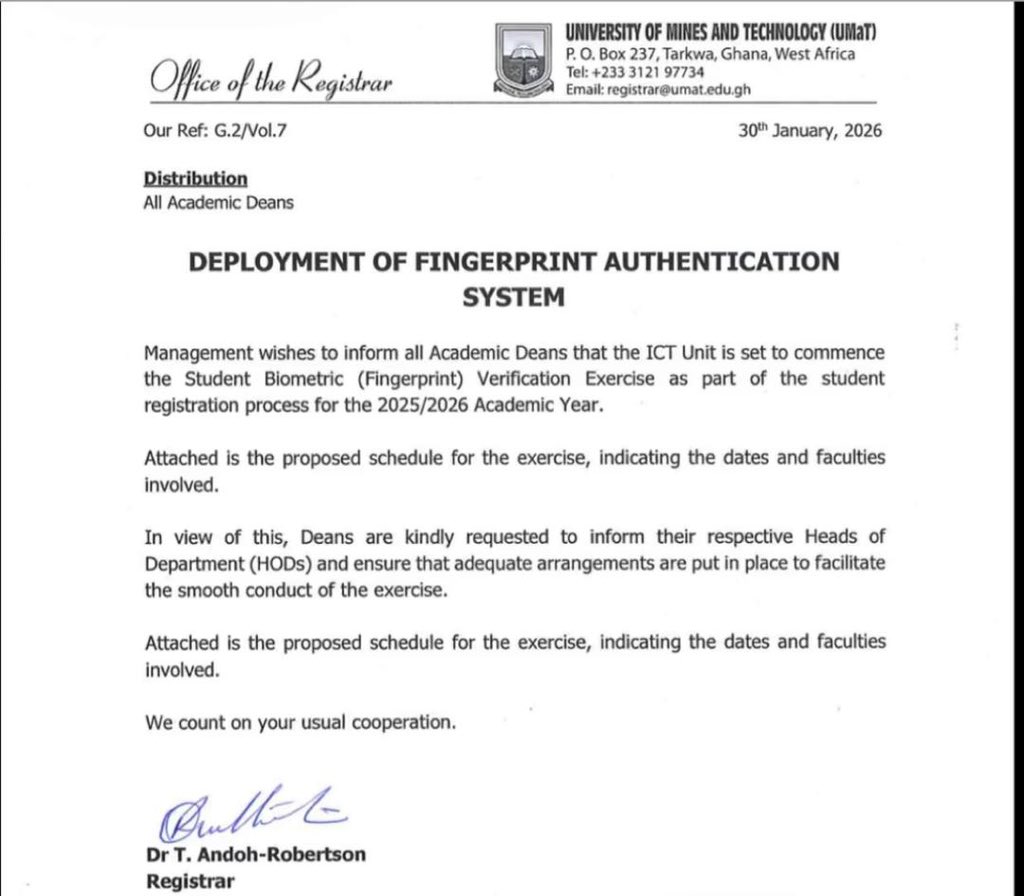 📍ATTENTION STUDENTS 📍

Management informs all students that the ICT Unit will commence Student Biometric (Fingerprint) Verification as part of the 2025/2026 Academic Year registration process.
Kindly cooperate fully as directed.