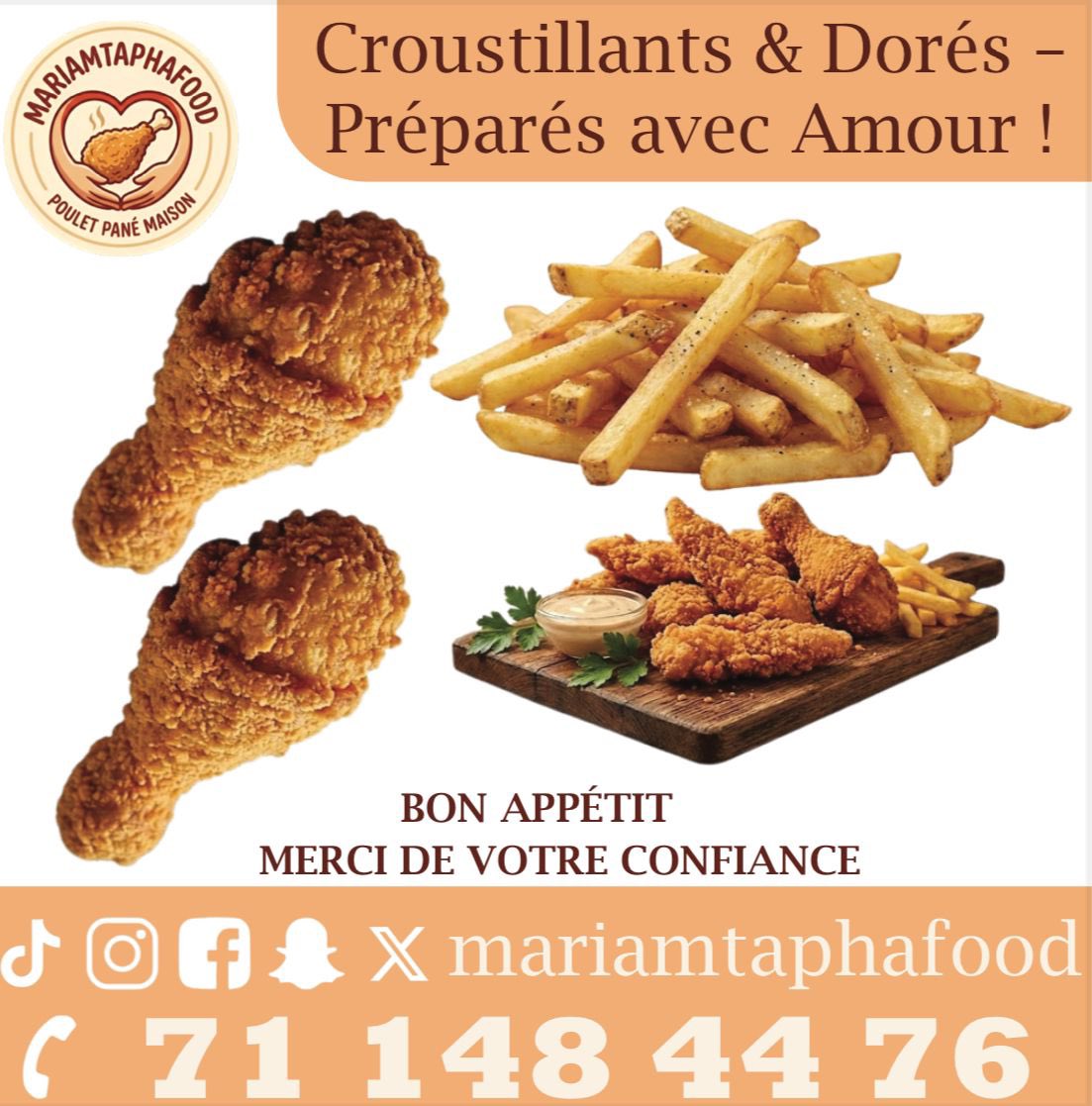 mariamtaphafood's tweet image. Envie de vrai Poulet Pané Fait Maison ?

Madame et moi vous régalons aujourd’hui ! 
Fait maison avec passion 
Croustillant et savoureux 
À partir de 1.000 Fcfa seulement !

Commandez vite au 71 148 44 76