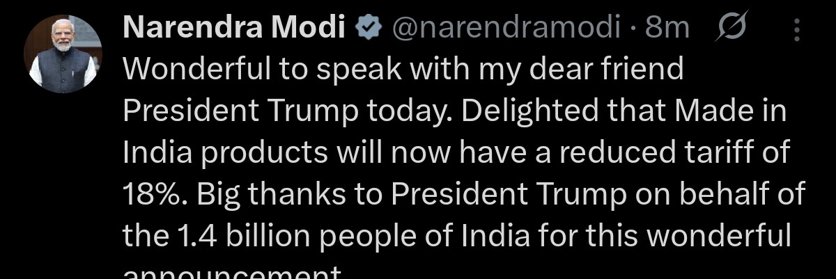 thebjpnri's tweet photo. Breaking News 
US President Donald Trump announces a trade deal between the United States and India, lowers tariff from 25% to 18%. 

President Donald Trump announced that India will buy over $500 billion of US. Energy, Technology, Agricultural, Coal, and many other products. https://t.co/SltUl4K8Ul