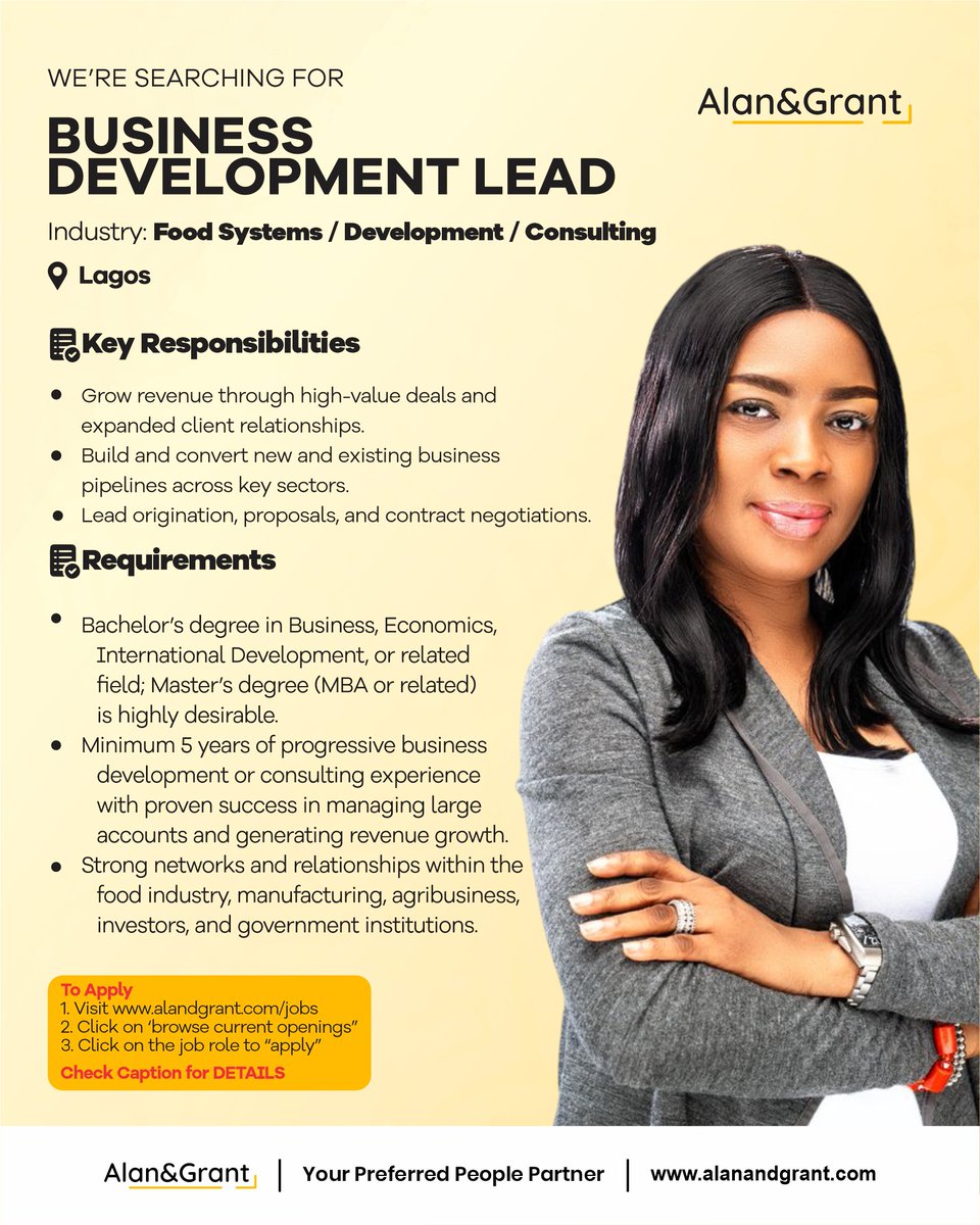 alanandgrantng's tweet photo. Job Title: Business Development Lead
Location: Lagos
To Apply
Visit https://t.co/kUkXE2WYfn
#hiring #hiringnow #jobrole #alanandgrant https://t.co/R98vk5e2N8