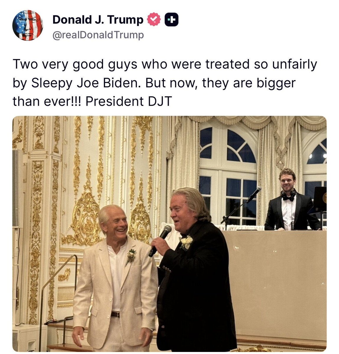 🚨 JUST IN: President Donald Trump praises Steve Bannon and Peter Navarro.

“Two very good guys who were treated so unfairly by Sleepy Joe Biden. But now, they are bigger than ever!!!”

The lawfare failed.
The smears failed.
The intimidation failed.

They tried to break them.