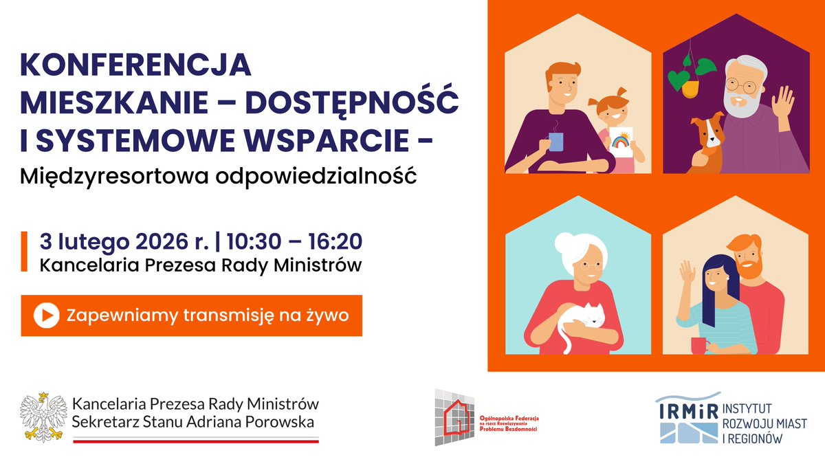 📣 Współorganizowana przez Instytut Rozwoju Miast i Regionów konferencja „MIESZKANIE – dostępność i systemowe wsparcie – międzyresortowa odpowiedzialność” już 3 lutego o 10:30
Transmisja na FB <a href="/SO_KPRM/">Społeczeństwo Obywatelskie KPRM</a> facebook.com/SpoleczenstwoO… 
<a href="/PorowskaAdriana/">Adriana Porowska</a> <a href="/PremierRP/">Kancelaria Premiera</a> <a href="/Bezdomnosc_PL/">Bezdomnosc.pl</a> <a href="/OlaKrugly/">Aleksandra Krugły</a>