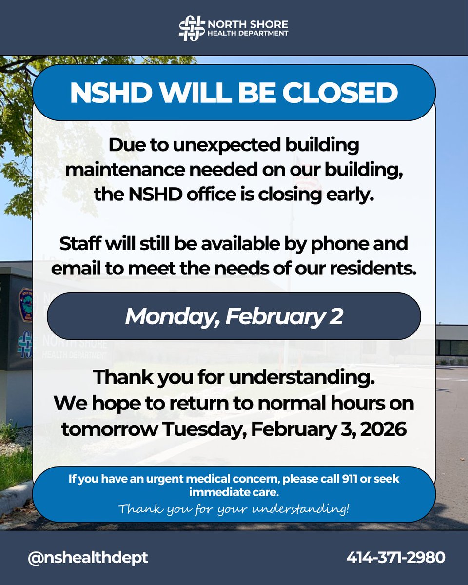 NSHD is closing our office early today, Monday, February 2, 2026, due to unexpected building maintenance needed on our building. We will be available by phone and email.

We hope to reopen tomorrow, Tuesday, February 3, 2026.