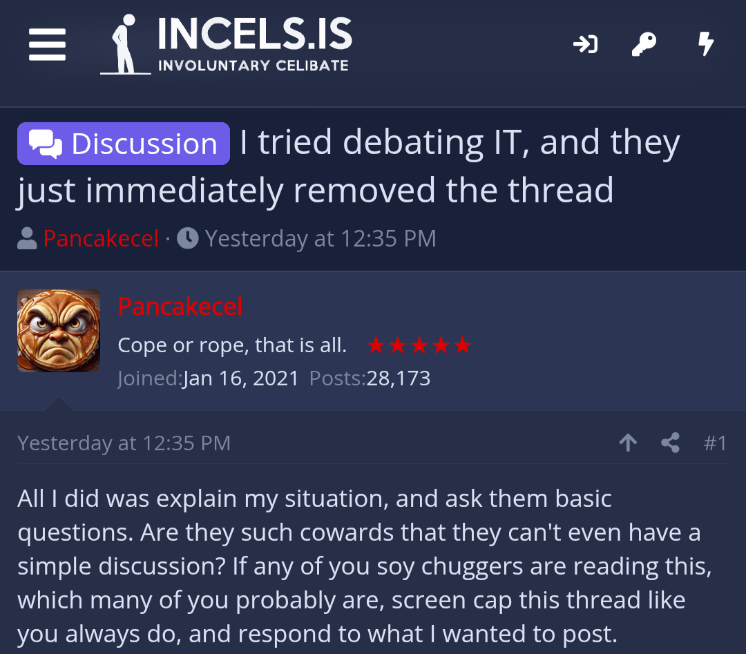 IncelTear's tweet photo. Incel begs us to answer his 3 questions https://t.co/J6YRPa7eYr