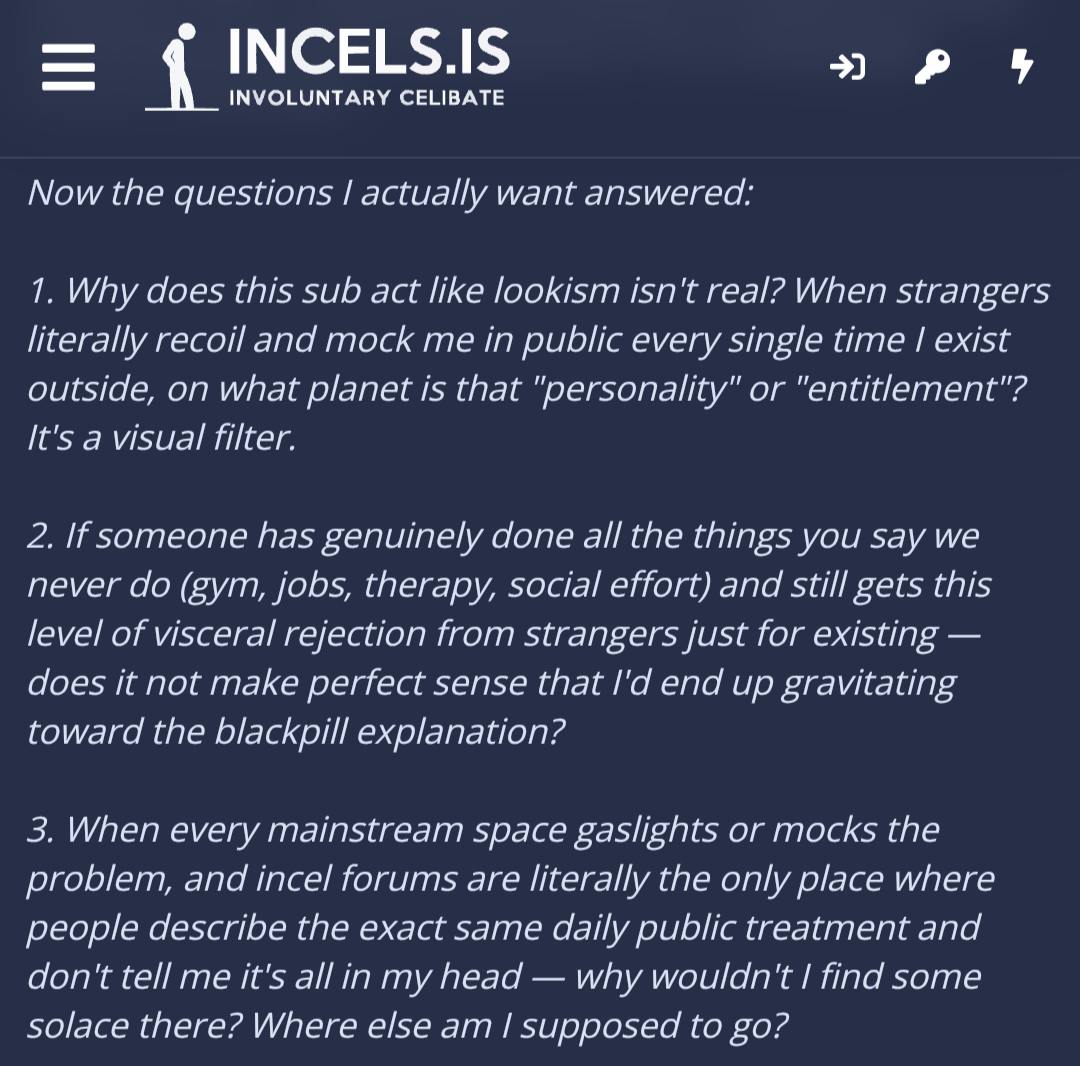 IncelTear's tweet photo. Incel begs us to answer his 3 questions https://t.co/J6YRPa7eYr
