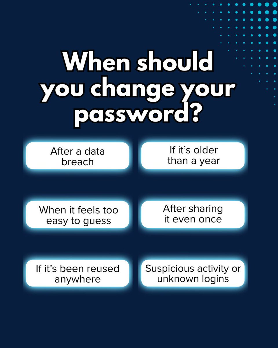 FIUTechnology's tweet photo. Panthers, your password shouldn’t be short or predictable 🚫

Go for 16+ characters. Skip names, birthdays, and pet info. Mix uppercase, lowercase, numbers, and symbols 🔐

Pro tip use a passphrase. Longer, safer, and easier to remember. https://t.co/3Qbc3Xl5Jx