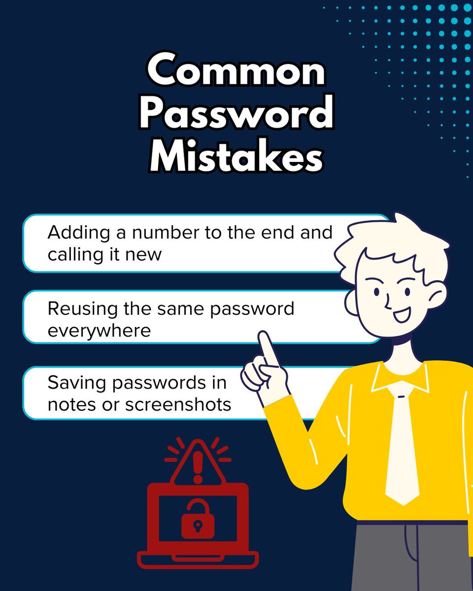 FIUTechnology's tweet photo. Panthers, your password shouldn’t be short or predictable 🚫

Go for 16+ characters. Skip names, birthdays, and pet info. Mix uppercase, lowercase, numbers, and symbols 🔐

Pro tip use a passphrase. Longer, safer, and easier to remember. https://t.co/3Qbc3Xl5Jx