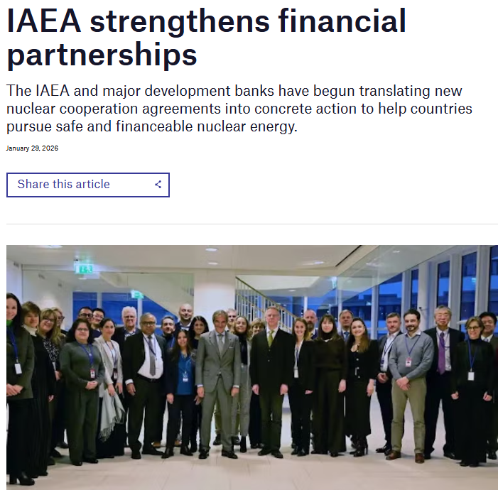 The World Bank and other major international financial organizations are meeting with the IAEA, to prepare for financing world nuclear power projects.  Article link in reply.

Until recently, those bodies refused to finance nuclear projects.  That lack of financing was a major