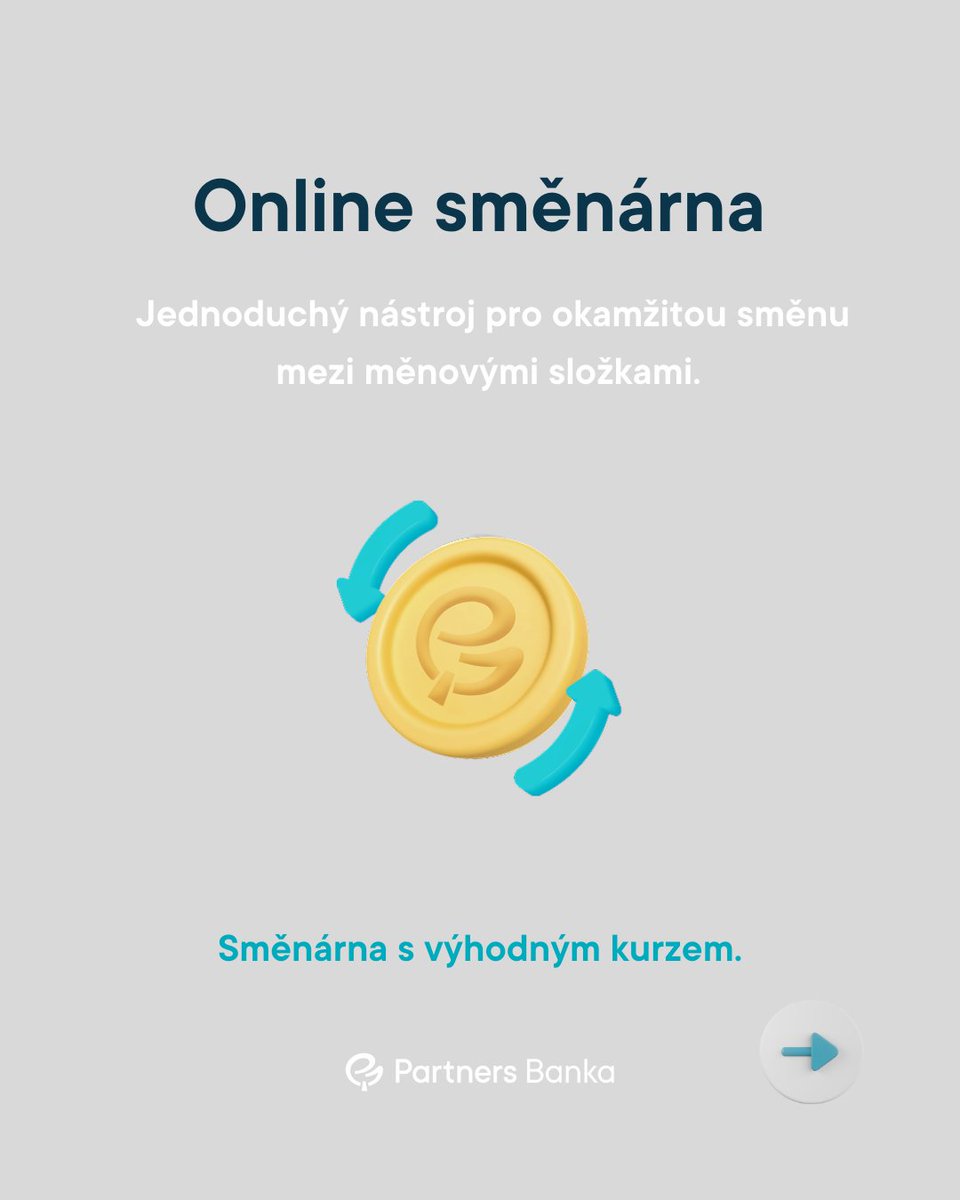 Nově v Partners Bance můžete využívat chytrý multiměnový účet. 💰

Multiměna vám umožní spravovat více měn v rámci jednoho účtu. 
Bez zakládání dalších účtů. Zdarma. 🙌🏼💶

Peníze směníte na pár kliknutí v apce 👉🏼 partnersbanka.cz/multimena