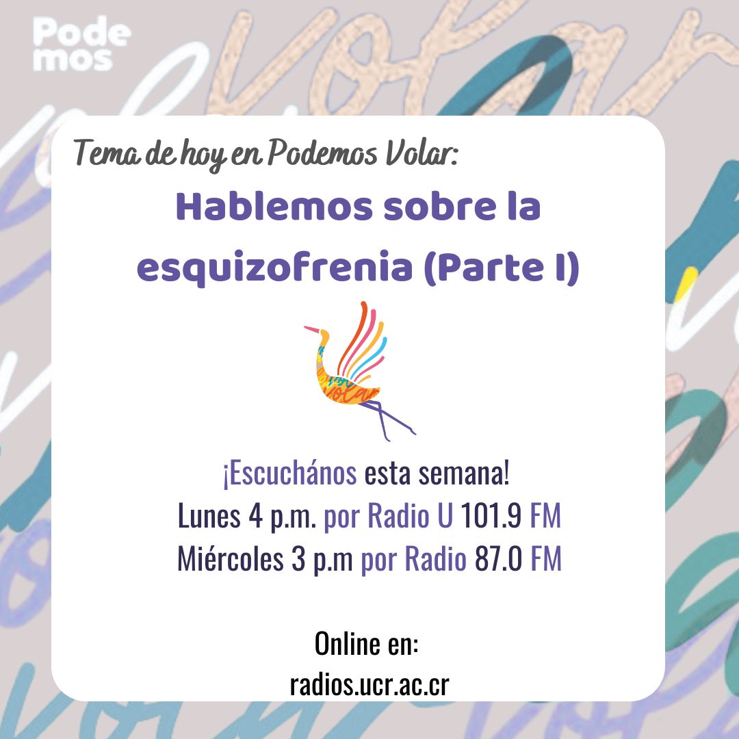 Escúchanos esta semana en la transmisión del programa Podemos Volar, sobre "Hablemos Sobre la Esquizofrenia (Parte I)"

No te lo pierdas, hoy por radio U 101.9 FM a las 4:00 p.m. 📻

No te lo pierdas, hoy por Radio 870 AM a las 3:00 p.m. 📻