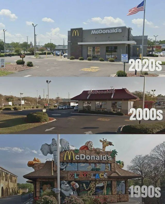 The evolution of McDonald’s over the last 30 years. 

Industry experts say this design shift was driven by changing tastes. Books like Fast Food Nation and films like Super Size Me damaged McDonald’s family-friendly image, pushing the chain toward a more grown-up atmosphere.