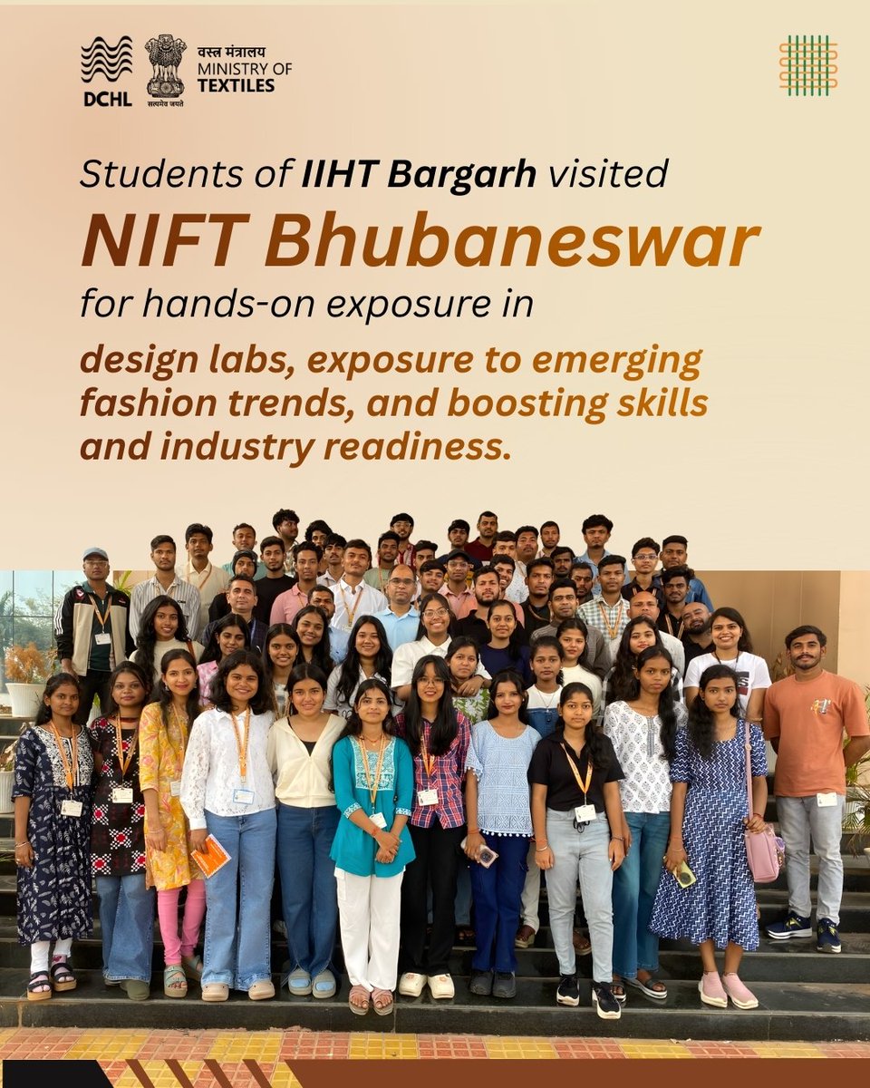 dchandlooms01's tweet photo. Students of IIHT Bargarh visited NIFT Bhubaneswar for hands-on experience in design labs, exposure to emerging fashion trends, and boosting skills & industry readiness.
#IIHT #Training #dchandlooms #odisha #textiles https://t.co/GvkQbQD9bM