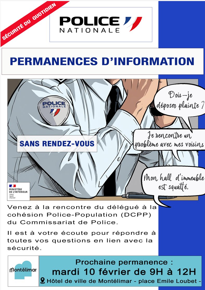 Permanence d’information Police nationale
Questions sécurité, voisinage, démarches ?
Hôtel de ville de Montélimar
Mardi 10 février • 9h–12h
Sans rendez-vous
La Police nationale à votre écoute.