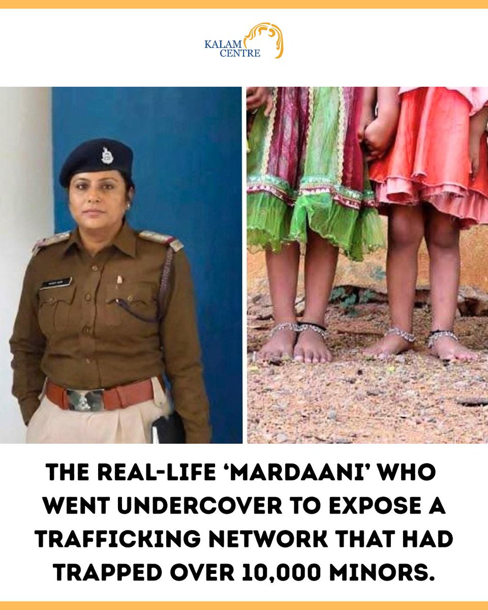 KalamCenter's tweet photo. Long before the media called her a real-life Mardaani, Mallika Banerjee was wrestling with a discomfort that wouldn’t let her sleep.

As a young IPS officer posted in Chhattisgarh, she kept seeing the same pattern: children reported missing, FIRs filed, families waiting in hope. Months passed. Files were marked “closed.” But the pain in those homes stayed open.

What unsettled her wasn’t only the rising count. It was the quiet acceptance around it — as if disappearance had become routine.

She began to read between the lines others ignored. These children hadn’t simply gone missing. They had been siphoned into a trafficking web that wore the mask of opportunity — placement agencies, job offers, promises of city life in places like Delhi.

So Mallika chose a route few officers would dare.

In 2016, she stepped out of uniform and into disguise. Posing as a door-to-door saleswoman, she visited villages selling cosmetics, offering oil head massages, and, most importantly, listening.

Inside homes and courtyards, conversations flowed more freely than they ever would before a police officer. Names surfaced. Doubts turned into clues. Old cases began to whisper again.

What followed wasn’t dramatic. It was patient, relentless work — reopening forgotten FIRs, connecting scattered leads, coordinating across state lines. Bit by bit, the network started to unravel.

Her team rescued over 20 trafficked children and exposed 25 illegal placement agencies operating quietly in plain sight.

Each rescue wasn’t just a statistic. It was a child stepping back into their own life.

Groups like Shakti Vahini have long warned how trafficking in India hides behind normalcy — how it thrives not through visible violence but through everyday deception. Mallika encountered that reality firsthand and walked straight into it.

She didn’t chase headlines. She confronted a system that had grown used to looking away.

No spotlight. No applause. Just a firm belief that real policing means going close enough to understand where the hurt truly lies.

Mallika Banerjee’s story isn’t about sudden heroics. It’s about the steady courage to care when indifference would be easier — and the conviction that missing children deserve more than closed files.

#ChildSafety #AntiTrafficking #WomenInUniform #Mardaani
