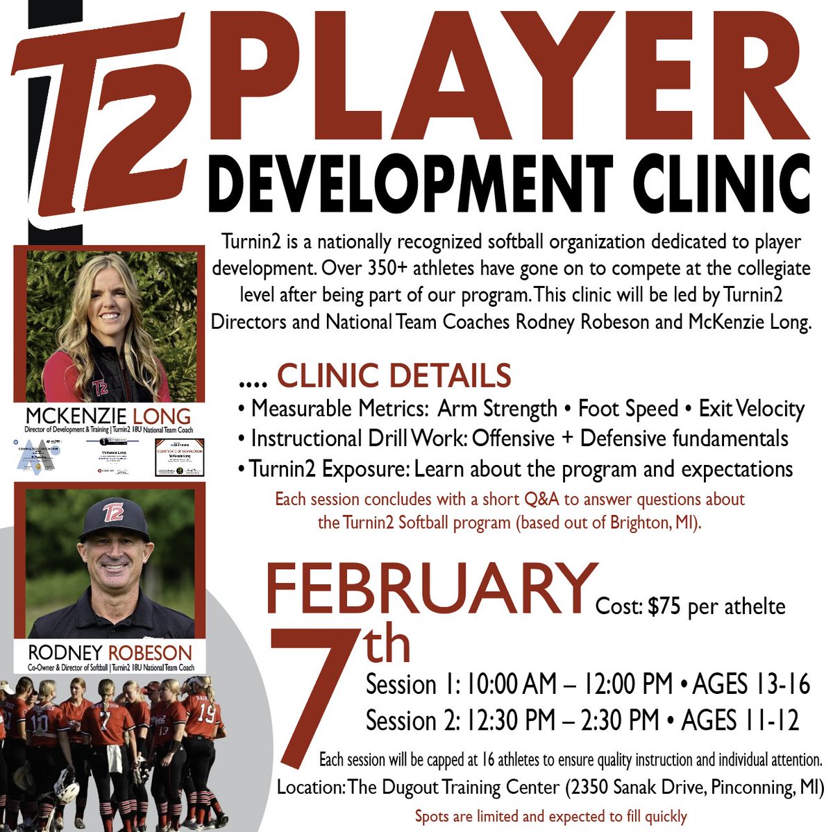 Turnin2Softball's tweet photo. The T2 Player Development Clinic is happening this Saturday in Pinconning, MI, and there’s still time to secure your spot!
•
Get measurable metrics and elite instruction.
Follow the link below to register!

https://t.co/GG45Mjbgjs https://t.co/hJwHLEl8ty