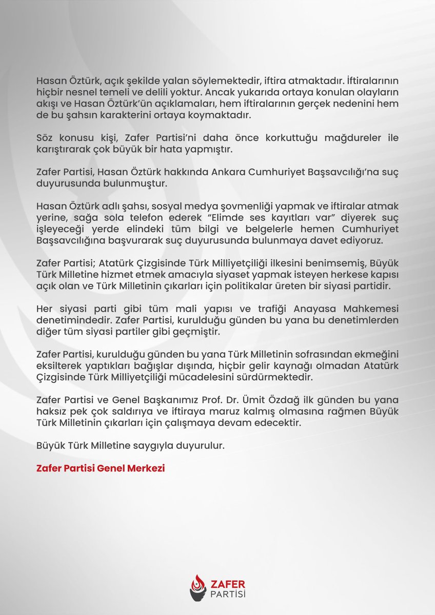 Hasan Öztürk İsimli Şahsın İftiralarına ve Partimize Yönelik Asılsız İddialara İlişkin Kamuoyu Açıklaması