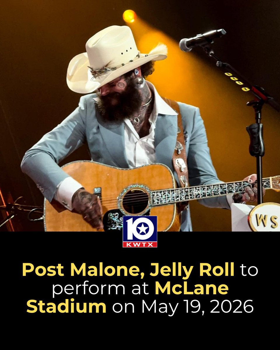 🤠#Baylor University announced #PostMalone and #JellyRoll will perform with The BIG Stadium Tour Part 2 at McLane Stadium on May 19, 2026 with Carter Faith. INFO: kwtx.com/2026/02/02/pos…