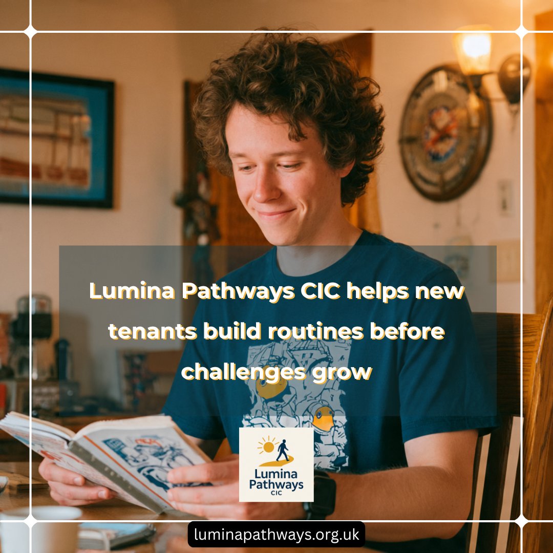 LuminaPathways's tweet photo. The first weeks in a new home are toughest. 

Lumina Pathways CIC steps in early, builds routines, sets systems, and boosts confidence so tenancies hold and issues are caught fast.
 
#SocialCare #SupportedLiving #HousingSupport #CareOutcomes #TenancySustainment https://t.co/fSsDj8VQpJ