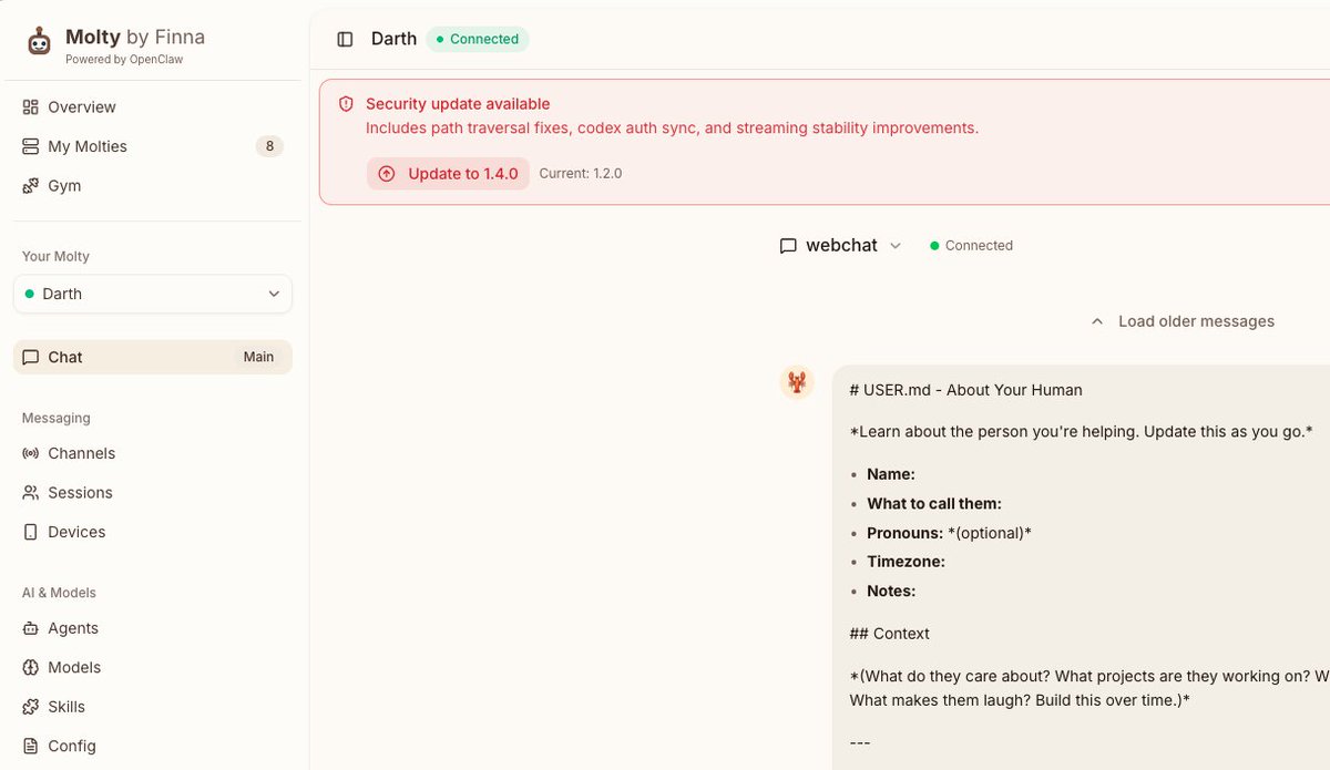 MoltyAI's tweet photo. latest on molty - 1 click upgrade to the latest version of OpenClaw 

do it asap

adding an option to settings if you want to opt-in for auto-upgrade when a new openclaw image is available https://t.co/wkRlaACC8B
