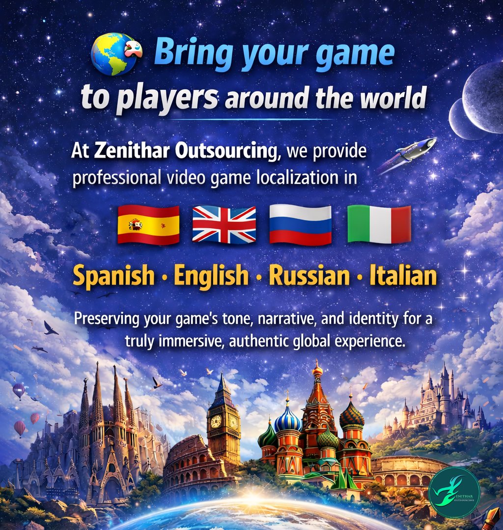 ZenitharEnt's tweet photo. 🌍🎮 Game Localization Services

Specialized in Spanish localization, with support in English, Russian &amp; Italian.

We adapt your game’s narrative and tone for global players.

#GameDev #Localization #IndieDev #GameStudio #GlobalGames #IndieGames https://t.co/B2mOvgcGcb