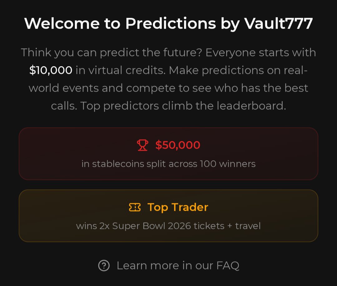 Sports prediction testnet is LIVE. Real rewards. 

$0 required.

This is <a href="/UseVault777/">Vault777</a> running an early predictions competition before the mainnet.

➥ Why this matters
$50,000 in stablecoins to top 100 users
Top PnL wins 2× Super Bowl 2026 tickets + travel
Everyone starts with