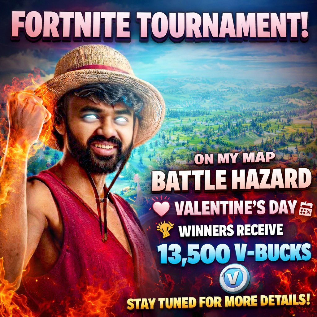 Madie_Tharkuri's tweet photo. 🚨 Fortnite Tourney Alert! 🚨

We’re running a tournament on my map Battle Hazard ( 1965-9211-8293 ) this Valentine’s Day 💘

🏆 Winners get 13,500 V-Bucks! 🏆

Follow and ♻️repost and tag your friends 

Stay tuned — more details soon 👀🔥
#Fortnite #Giveaway #Tournament https://t.co/UU1E46Sacf