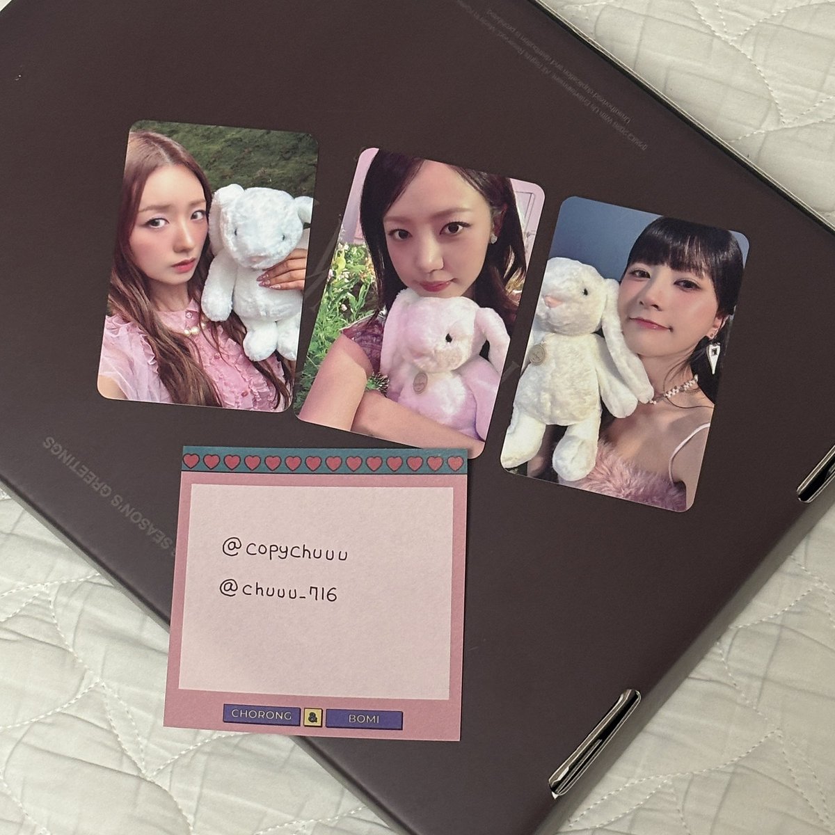 copychuuu's tweet photo. 에이핑크 미공포 양도
(메이크스타 대면 토끼 ver)

🩶 보미 1.0
🩶 남주 하영 0.8
https://t.co/cjjt1IXaju

반택 0.2 편택 0.4

멬�� 리러브 RE:LOVE relove 포카 포토카드 양도 분철 윤보미 김남주 오하영 Apink https://t.co/HaT1TXW0kn