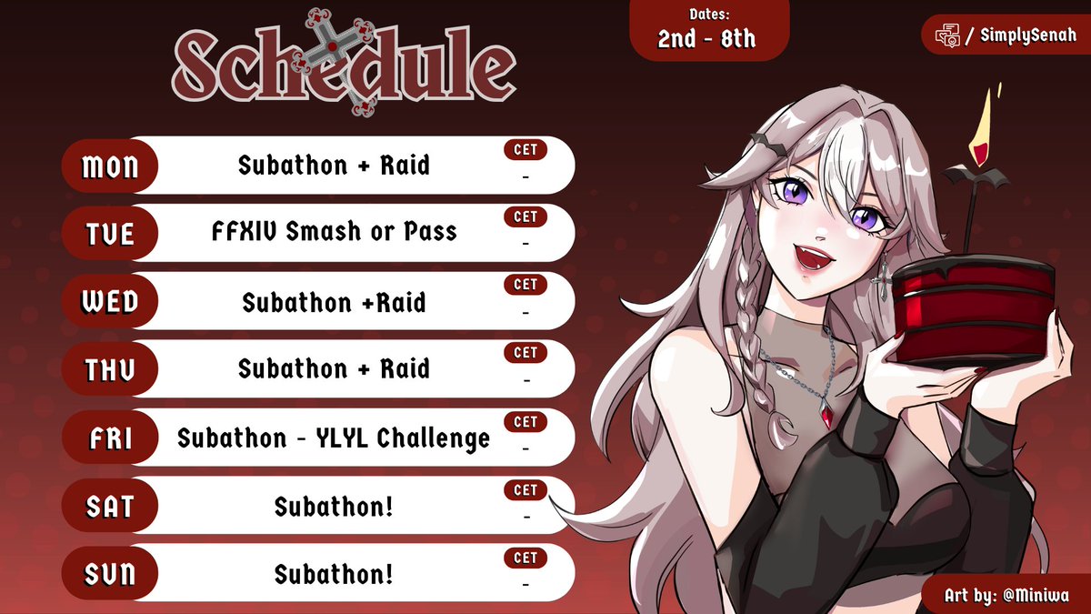 [Subathon Mode] 

We are on our subathon times are usually starting around 3-4pm CET but please check here or disc for more accurate time cause I have adulting to do! 

I will be doing smash or pass FFXIV edition tomorrow and the the YLYL challenge on Friday!