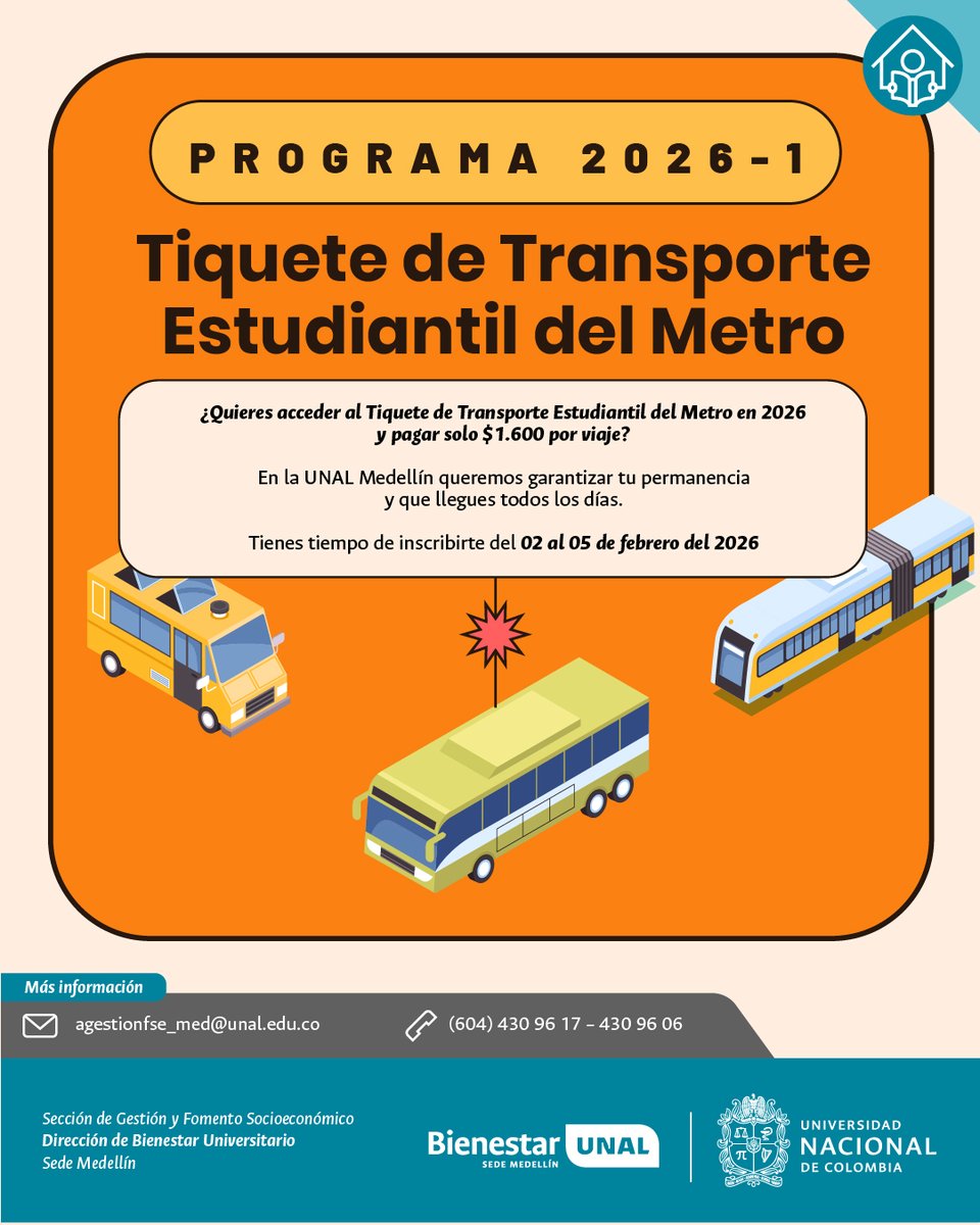 #SomosFomento | 🚇🎫 ¿Necesitas transporte para llegar a la U? Accede al Tiquete de Transporte Estudiantil Metro 2026 y paga $1.600 por viaje.
📅 Inscripciones: 02 al 05 de 2026
🚫 No cubre bus integrado
👉 Postúlate : …taruniversitario.medellin.unal.edu.co/fomentosocioec…
#SomosBienestarUNAL