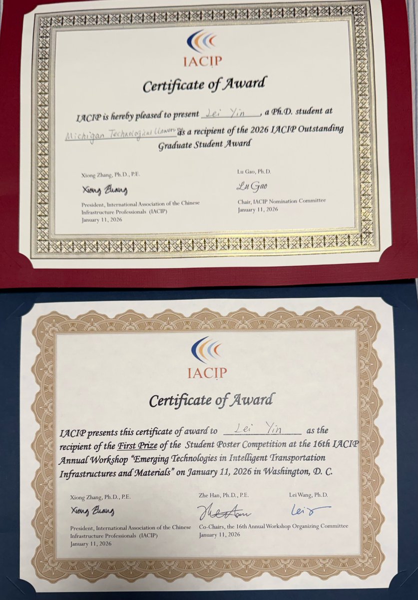 Congrats to Lei Yin, PhD candidate in CEGE at @MichiganTech, advised by Dr. Zhanping You!
Lei earned 1st Prize in the Student Poster Competition and the 2026 IACIP Outstanding Graduate Student Award at #TRB2026 in Washington, DC.
 #PavementEngineering #TransportationResearch